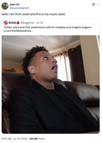 A "tweet":https://knowyourmeme.com/memes/sites/twitter-x using the I Am a X From Y and This Is My Z to mock a person from Israel with bad music taste.
