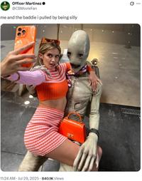 A meme reading, "me and the baddie i pulled by being silly." The meme uses a photo of Sara Sampaio with Mr. Handsome.