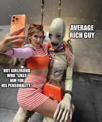 A meme using a photo of Sara Sampaio with Mr. Handsome. The meme labels Mr. Handsome "average rich guy" and Sara "Hot girlfriend who 'likes him for his personality.'"