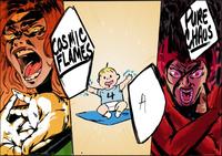 Art by redandblacktac. The art shows baby Franklin Richards fighting Phoenix and Wanda.
