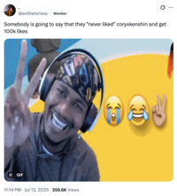 X user @eviltwixnsss posted the SoLLUMINATI Peace Sign GIF alongside a caption that read, "Somebody is going to say that they "never liked" coryxkenshin and get 100k likes," in reference to the "CoryXKenshion Pandaninjaxxofficial Controversy":https://knowyourmeme.com/memes/events/coryxkenshin-pandaninjaxxofficial-allegations.