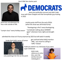 Gen X SNL fans starter pack DEMOCRATS dems but politically incorrect and didn't take issue with Dave Chappel and that homophobic guy hosting in 2022 point him out whenever he has a role outside of SNL mostly quote stuff from the early 2010s (when the show was still kinda funny) "thanksgiving is first" every thanksgiving "sumpin claus" every holiday season "somebody's talking about GENDER again" whenever trans rights are brought up admitted the show isn't funny anymore by 2023 but still watch it weekly broke their kid(s) sense of humor CR CH get confused when kid(s) mention "SML," you resort to calling it "Jeffy" instead made you watch it as a kid (even if you were super sheltered) only watching it for him at this point kid(s) make references to other kids, seem like weirdos because nobody gets it