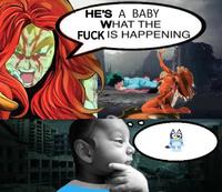 A meme depicting Wanda as Goku fighting baby Franklin Richards.