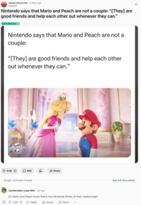 A "Reddit":https://knowyourmeme.com/memes/sites/reddit comment saying, "Do Mario and Peach know that’s how Nintendo thinks of their relationship?"