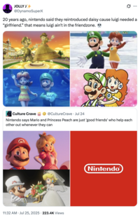 A "quote-tweet":https://knowyourmeme.com/memes/quote-retweets-qrts of a post about "Mario":https://knowyourmeme.com/memes/subcultures/super-mario and "Princess Peach":https://knowyourmeme.com/search?context=&sort=&q=Princess+Peach only being "good friends."