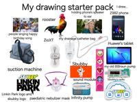 My drawing starter pack rooster holding phone's speaker to ear I drew... Z982 phone people singing happy birthday song ZioXT my drainage catheter bag Huawei's tablet Zio Sbubby 08:08 He my old B|Braun pump suction machine SBUBBY LINKIN PARK Linkin Park logo and 225 2500 DOPamine sound module B BRAUN Sbubby's radio Enteralite Infinity ZEVERTHERAPEUTICS UNPAUSE PATELE sbubby logo paediatric nebulizer mask Infinity pump SBUBBY WC WC WC