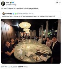 A "quote-tweet":https://knowyourmeme.com/memes/quote-retweets-qrts of the "Went to a Fancy Dinner in SF" tweet, reading, "120,000 hours of combined violin experience."