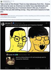 A "Reddit":https://knowyourmeme.com/memes/sites/reddit post from the /r/asianamerican subreddit about the seemingly racist "quote-tweets":https://knowyourmeme.com/memes/quote-retweets-qrts of the "Went to a Fancy Dinner in SF and Everybody Went to Harvard (or Stanford)" "Twitter / X":https://knowyourmeme.com/memes/sites/twitter-x thread.