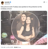 A "meme":https://knowyourmeme.com/memes/memes showing "Katy Perry":https://knowyourmeme.com/memes/people/katy-perry and "Justin Trudeau":https://knowyourmeme.com/memes/people/justin-trudeau "photoshopped":https://knowyourmeme.com/memes/sites/photoshop on a Coldplay kiss cam, akin to the "Astronomer CEO Andy Byron's Affair at Coldplay Concert":https://knowyourmeme.com/memes/events/astronomer-ceo-andy-byrons-affair-at-coldplay-concert meme.