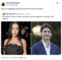A "quote-tweet":https://knowyourmeme.com/memes/quote-retweets-qrts joking about former "Canadian":https://knowyourmeme.com/memes/cultures/canada Prime Minister "Justin Trudeau":https://knowyourmeme.com/memes/people/justin-trudeau and American pop singer "Katy Perry":https://knowyourmeme.com/memes/people/katy-perry having dinner in late July 2025.