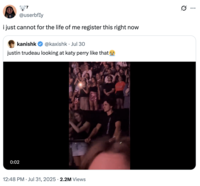 A "quote-tweet":https://knowyourmeme.com/memes/quote-retweets-qrts joking about former "Canadian":https://knowyourmeme.com/memes/cultures/canada Prime Minister "Justin Trudeau":https://knowyourmeme.com/memes/people/justin-trudeau and American pop singer "Katy Perry":https://knowyourmeme.com/memes/people/katy-perry having dinner in late July 2025.