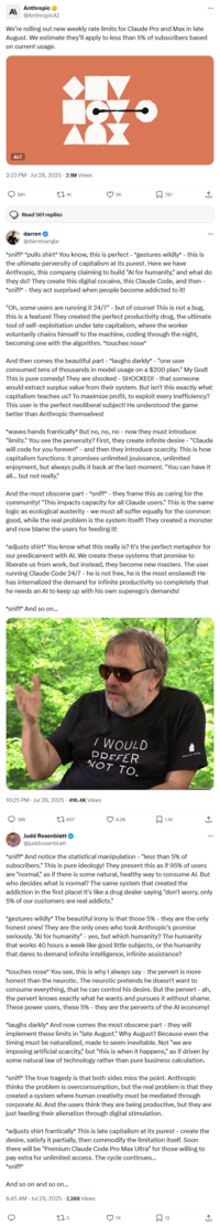 <a href="https://x.com/AnthropicAI/status/1949898502688903593">Anthropic announcement</a>, <a href="https://x.com/darrenangle/status/1949989522978013480">Tweet 1</a>, <a href="https://x.com/juddrosenblatt/status/1950085228921573583">Tweet 2</a>.