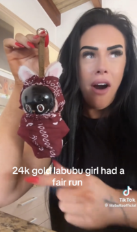 A screenshot of the controversial Blackface KSI Labubu "video":https://knowyourmeme.com/memes/viral-videos by "TikToker":https://knowyourmeme.com/memes/sites/tiktok The Jungle Pups (==@lilzbullzofficial==) in August 2025, which showed a homemade "Labubu":https://knowyourmeme.com/memes/subcultures/labubu-toys toy meant to look like "YouTuber":https://knowyourmeme.com/memes/sites/youtube "KSI":https://knowyourmeme.com/memes/people/ksi. However, the Labubu was given a "blackface," which many interpreted as a racist caricature. The TikToker is known for her "24 Karat Gold Labubu":https://knowyourmeme.com/memes/24-karat-gold-labubu-la-bew-bew video.