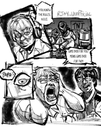 A "fan art":https://knowyourmeme.com/memes/cultures/fan-art "webcomic":https://knowyourmeme.com/memes/cultures/webcomics of GO1 shrugging and Koji freaking out and screaming from Evo 2025.