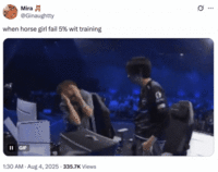 A "tweet":https://knowyourmeme.com/memes/sites/twitter-x using the Koji Evo 2025 Loss Reaction "GIF":https://knowyourmeme.com/memes/cultures/gif, reading, "when horse girl fail 5% wit training."
