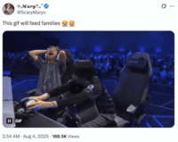 A "tweet":https://knowyourmeme.com/memes/sites/twitter-x using the Koji Evo 2025 Loss Reaction "GIF":https://knowyourmeme.com/memes/cultures/gif, reading, "This gif will feed families 😭😭."