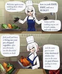 Welcome again to my cooking show where you'll learn- how to cook EASY, FAST, and on a BUDGET. first youll just have to bring out your pre-chopped vegtables. after you obviously use the discarded remains as stock Today well be cooking coq au vin in just 5 mins, and only 7 cents. and the same goes to your wine marinated chicken that was in the oven the past 8 hours cycling it every 20 mins.