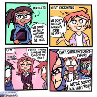 ARTISTS ART ENJOYERS WE DON'T REALLY WE DON'T REALLY WANNA SEE WANNA AI ART. MAKE AI ART. Um SHARE- HOLDERS I-ISN'T THERE SOMEONE YOU FORGOT TO ASK? AH!! SHAREHOLDERS- CHAN!! CHECK OUT THE RENEWED SUBREDDIT: REDDIT.COM/R/SHENCOMIX WE'RE SORRY WE HURT YOU!!