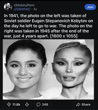 r/HistoryPorn u/[deleted] 4y • Join In 1941, the photo on the left was taken of Soviet soldier Eugen Stepanovich Kobytev on the day he left to go to war. The photo on the right was taken in 1945 after the end of the war, just 4 years apart. [1600 x 1055] 11.8k ☐ 348 Share