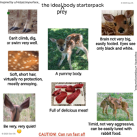 Inspired by u/Hotjazzinyourface_ 2025 Gee-Oh the ideal body starterpack prey Can't climb, dig, or swim very well. Soft, short hair, A yummy body. virtually no protection, mostly annoying. Be very, very quiet! © 2025 Gee-Oh Full of delicious meat! CAUTION! Can run fast af! Brain not very big, easily fooled. Eyes see only black and white. Inspired by u/Hotjazzinyourface_ 2025 Gee-Oh Timid, not very aggressive, can be easily lured with rabbit food.