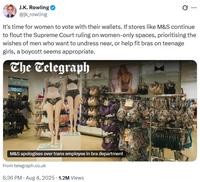 A tweet by J.K. Rowling. She calls for the boycott of M&S stores.