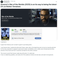 A "Reddit":https://knowyourmeme.com/memes/sites/reddit post in the /r/moviecritic subreddit about the 2025 _War of the Worlds_ film on "Amazon Prime Video":https://knowyourmeme.com/memes/sites/amazon.