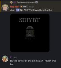 @E Tap to see attachment ☑ Raphael KART 07:57 /ban @E No NSFW allowed brochacho SDIYBT E 07:57 By the power of the omnissiah I reject this ban