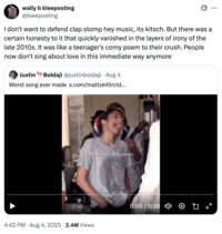 A "quote-tweet":https://knowyourmeme.com/memes/quote-retweets-qrts about "Home" by Edward Sharpe and the Magnetic Zeros, seen singing, "Alabama, Arkansas," on an NPR Tiny Desk Concert in 2009.