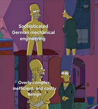 0 Sophisticated German mechanical engineering A Overly complex, inefficient, and costly design Pant 回