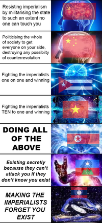 Resisting imperialism by militarising the state to such an extent no one can touch you Politicising the whole of society to get everyone on your side, destroying any possibilty of counterrevolution Fighting the imperialists one on one and winning Fighting the imperialists TEN to one and winning DOING ALL OF THE ABOVE Existing secretly because they can't attack you if they don't know you exist MAKING THE IMPERIALISTS FORGET YOU EXIST