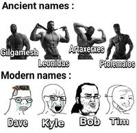 Ancient names: Gilgamesh Artaxerxes Leonidas Ptolemaios Modern names: Dave Kyle Bob Tim