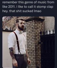 The original "tweet":https://knowyourmeme.com/memes/sites/twitter-x naming the Stomp Clap Hey Music genre, which is used to describe American indie folk rock characterized by wholesome subject matter and the onomatopoeia of stomping, clapping and chanting, "Hey!" It was popular among "Millennials":https://knowyourmeme.com/memes/cultures/millennials in the early 2010s.