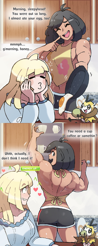 Morning, sleepyhead! You were out so long, I almost ate your egg, too! mmmph... g'morning, honey... 3 Uhhh, actually, I don't think I need it! ENERGY UP ^ You need a cup of coffee or somethin'? 0