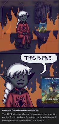 DUNGHONE DRAGONS MONSTER NANUAL THIS IS FINE. THE WORLD'S GREATEST ROLEPLAYING GAME DUNGEONS & DRAGON MONSTER MANUAL Removal from the Monster Manual: The 2024 Monster Manual has removed the specific entries for Drow (Dark Elves) and replaced them with more generic humanoid NPC stat blocks.