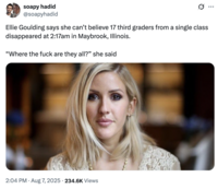 X user @soapyhadid posted a tweet joking about Ellie Goulding's reaction to the film _Weapons_, writing, "Ellie Goulding says she can’t believe 17 third graders from a single class disappeared at 2:17am in Maybrook, Illinois. 'Where the f--- are they all?' she said."