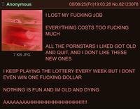 Anonymous 7 KB JPG 08/08/25(Fri)19:03:28 No.82123078 I LOST MY F------ JOB EVERYTHING COSTS TOO F------ MUCH ALL THE PORNSTARS I LIKED GOT OLD AND QUIT, AND I DONT LIKE THESE NEW ONES I KEEP PLAYING THE LOTTERY EVERY WEEK BUT I DONT EVEN WIN ONE F------ DOLLAR NOTHING IS FUN AND IM OLD AND DYING AAAAAAAAHHHHHHHHHHHHHHH!!!!!