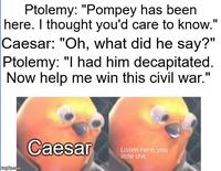 Ptolemy: "Pompey has been. here. I thought you'd care to know." Caesar: "Oh, what did he say?" Ptolemy: "I had him decapitated. Now help me win this civil war." imgilp.com Caesar Listen here, you little s---