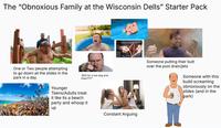 The "Obnoxious Family at the Wisconsin Dells" Starter Pack One or Two people attempting to go down all the slides in the park in a day. "$20 for a hot dog and fries????" Younger Teens/Adults treat it like its a beach party and whoop it up Constant Arguing Someone putting their butt over the pool drain/jets Someone with this build screaming obnoxiously on the slides (and in the park)