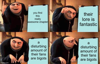 imgflip.com you find this really awesome chapter their lore is fantastic a disturbing amount of their fans are bigots a disturbing amount of their fans are bigots