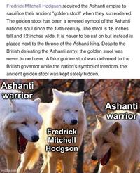 Fredrick Mitchell Hodgson required the Ashanti empire to sacrifice their ancient "golden stool" when they surrendered. The golden stool has been a revered symbol of the Ashanti nation's soul since the 17th century. The stool is 18 inches tall and 12 inches wide. It is never to be sat on but instead is placed next to the throne of the Ashanti king. Despite the British defeating the Ashanti army, the golden stool was never turned over. A fake golden stool was delivered to the British governor while the nation's symbol of freedom, the ancient golden stool was kept safely hidden. Ashanti warrior imgflip.com Fredrick Mitchell Hodgson Ashanti warrior