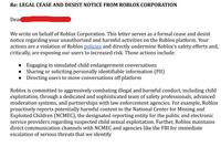Page 1 of the cease and desist letter that "YouTuber":https://knowyourmeme.com/memes/sites/youtube Schlep allegedly received from "_Roblox_":https://knowyourmeme.com/memes/subcultures/roblox in August 2025.