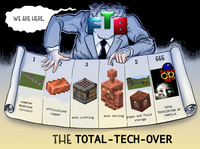 WE ARE HERE. L די 5 3 666 O complex Redstone circuits officialized TOTAL TECHIZATION OF copper auto crafting auto sorting bipes and fluid VANILLA storage THE TOTAL-TECH-OVER