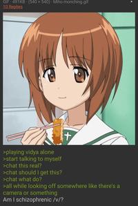 GIF 491KB (540x540) Miho monching.gif 10 Replies S + >playing vidya alone >start talking to myself >chat this real? >chat should I get this? >chat what do? >all while looking off somewhere like there's a camera or something Am I schizophrenic /v/?