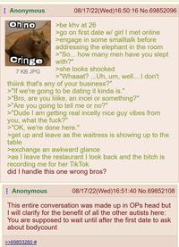 Anonymous Oh no Cringe 7 KB JPG 08/17/22(Wed)16:50:16 No.69852096 >be khv at 26 >go on first date w/ girl I met online >engage in some smalltalk before addressing the elephant in the room >"So... how many men have you slept with?" >she looks shocked >"Whaaat? ... Uh, um, well... I don't thiiink that's any of your business?" >"If we're going to be dating it kinda is." >"Bro, are you liiike, an incel or something?" >"Are you going to tell me or no?" >"Dude I am getting real incelly nice guy vibes from you, what the f---?" >"OK, we're done here." >get up and leave as the waitress is showing up to the table >exchange an awkward glance >as I leave the restaurant I look back and the bitch is recording me for her TikTok did I handle this one wrong bros? Anonymous 08/17/22(Wed)16:51:40 No.69852108 This entire conversation was made up in OPs head but I will clarify for the benefit of all the other autists here: You are supposed to wait until after the first date to ask about bodycount >>69853260 #