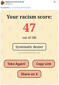 Majewra in C--- Town @Majewra I'm pathetic. x.com/ChaosTheory612... E Your racism score: 47 out of 100 Systematic denier racepuritytest.com Take Again! Copy Link LU Share on X Q