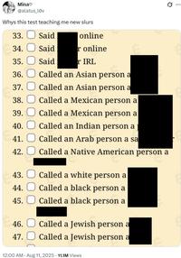 A screenshot of the Race Purity Test results of X user @alatus_l0v. The post reads, "why this test teaching me new slurs."