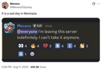 A "tweet":https://knowyourmeme.com/memes/sites/twitter-x from MevansOdyssey on X, showing his own "Discord":https://knowyourmeme.com/memes/sites/discord message about leaving the Discord server where JBear broke up with him.