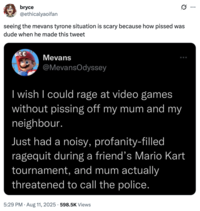 A "tweet":https://knowyourmeme.com/memes/sites/twitter-x about the Mevans and Tyrone situation on "Discord":https://knowyourmeme.com/memes/sites/discord and "Twitter / X":https://knowyourmeme.com/memes/sites/twitter-x.