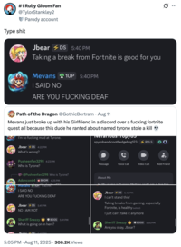 A "tweet":https://knowyourmeme.com/memes/sites/twitter-x about the Mevans and Tyrone situation on "Discord":https://knowyourmeme.com/memes/sites/discord and "Twitter / X":https://knowyourmeme.com/memes/sites/twitter-x.