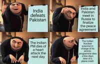 India defeats Pakistan India and Pakistan meet in Russia to finalize the peace agreement The Indian PM dies of a heart attack the next day The Indian Nuclear scientist in charge of its atomic programme dies a few days later of a plane crash